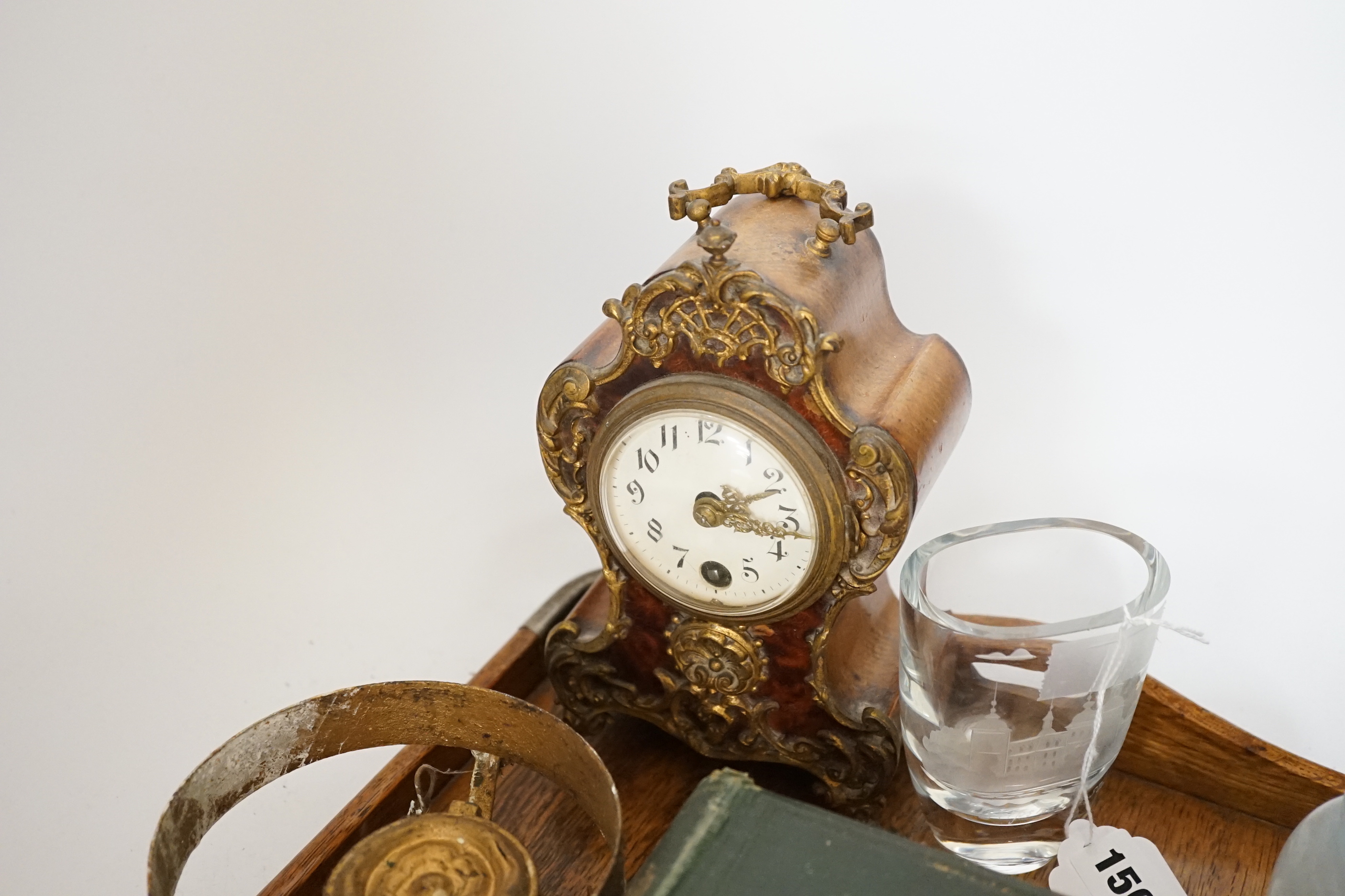 A clock and a bell, two glass vases, volume of Cripps Old English Plate a photograph album and tray